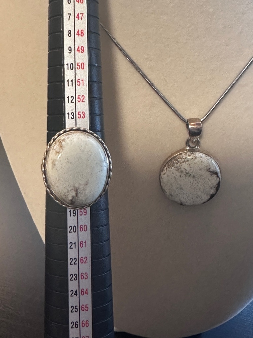 Sterling Silver Round White Enamel Pendant Necklace and Ring